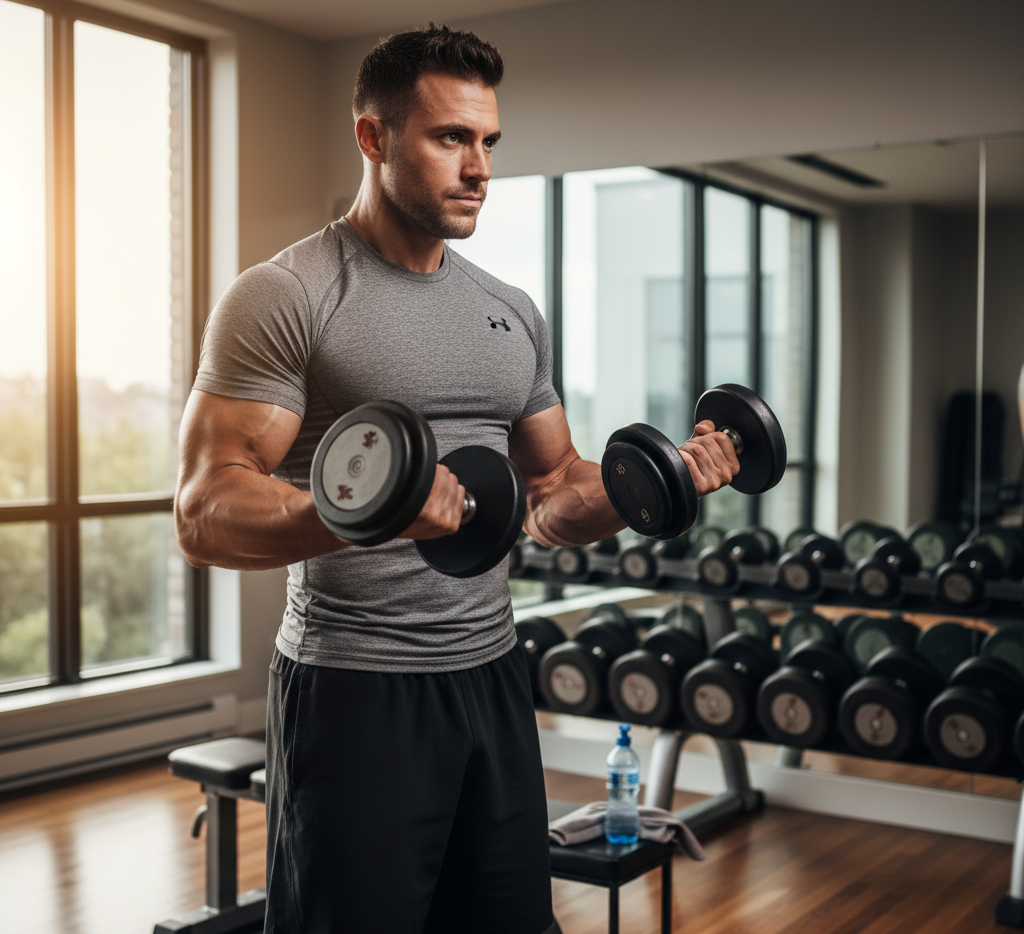 ダンベルで筋トレをする男性